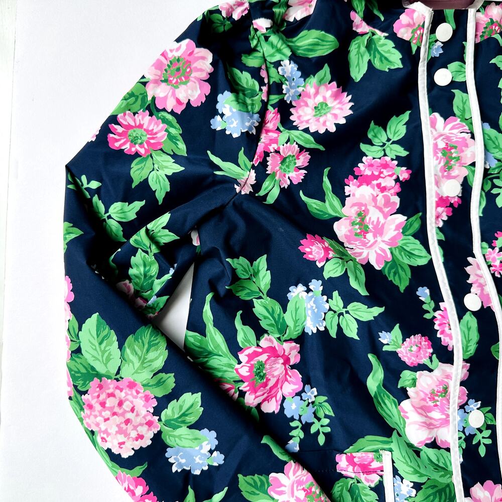 Janie & Jack Girls Floral Rain Coat Size 10/12 Blue Pink Peonies Mid-Length - Picture 3 of 9